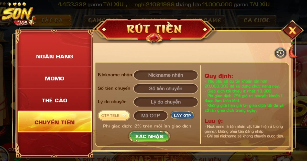 Sơ lược về rút tiền SONCLUB